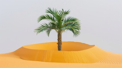 A palm tree is planted in a small hole in the sand. Concept of tranquility and serenity, as the palm tree stands alone in the vast desert landscape