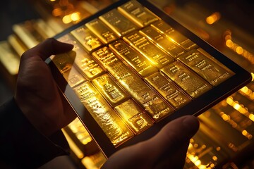 Graph of historic gold price fluctuations on Forex traders tablet, 4K realistic, hands holding