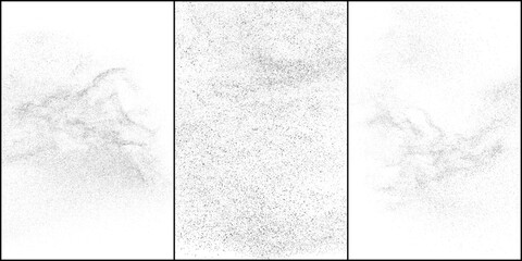 Set of distressed black texture. Dark grainy texture on white background. Dust overlay textured. Grain noise particles. Rusted white effect. Grunge design elements. Vector illustration, EPS 10.	
