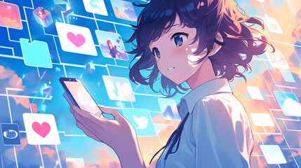 anime girl playing social media. like and love icons floating. anime style background