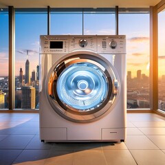 A futuristic, high-tech washing machine, designed with a sleek, minimalistic look