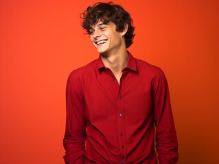 Fototapeta premium A young man in a red shirt is smiling and looking at the camera