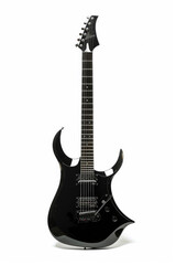 A sleek electric guitar with a glossy finish and sharp contours