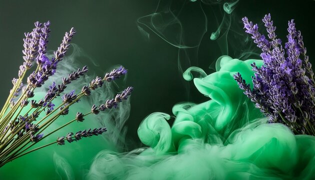 ai generative of two bunches of lavender with thick green smoke; and dark green background