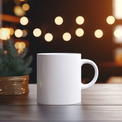 Stylish white coffee mug mockup with a blank template, presented in a cozy cafe ambiance with soft lighting.