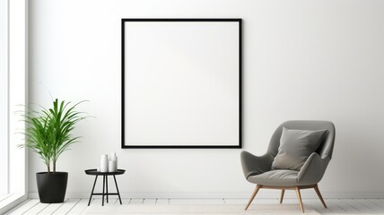 Minimalist black frame mockup in a light and airy room, focusing on minimal furnishings and clean lines,