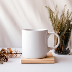 Blank white coffee mug mockup, perfect for branding, set in a minimalist scene with a cozy, warm tone.