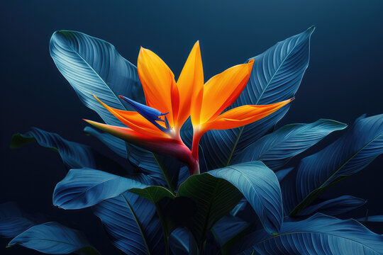 A vibrant bird of paradise flower, with its orange petals and green leaves, stands out against the dark blue background. Created with Ai