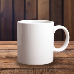 White coffee mug mockup placed against a detailed wood grain background, enhancing the natural element in product photography.