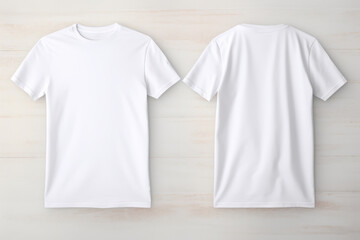 Graphic t-shirt mockup in bright white, displaying both front and back views, on a simple hanger for easy editing,