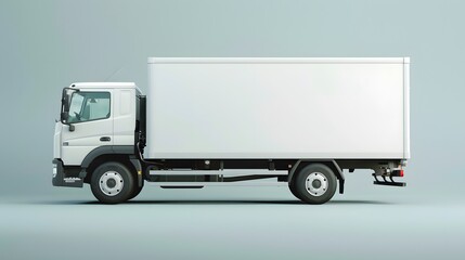 A white truck with a blank side box for a mockup design isolated on a light grey background
