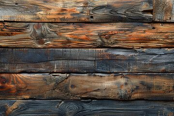 A closeup of weathered wooden planks, showcasing the rich textures and natural patterns that make up an old cabin wall. Created with Ai