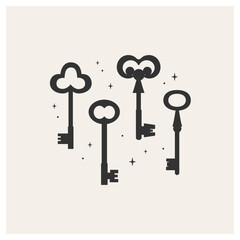 Set of black vintage metal keys. A classic tool for opening door locks and secrets. A sign of privacy and protection. Vector illustration