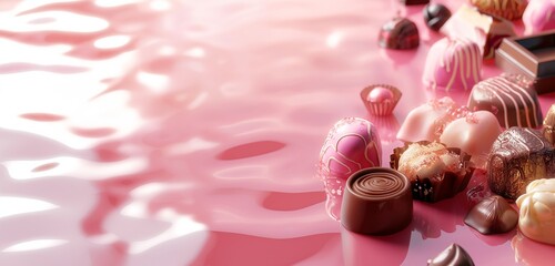 A panoramic view of a glossy, candy pink background, reflecting light and creating a luscious backdrop for a decadent display of gourmet chocolates and sweets. 32k, full ultra hd, high resolution