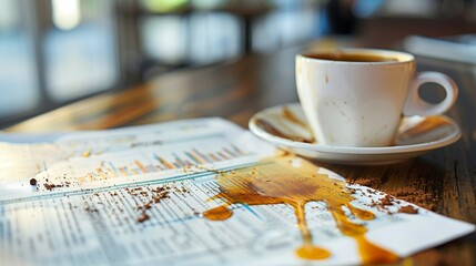 Spilled Coffee Over Financial Documents Depict a scene where coffee has been spilled over important financial documents, symbolizing accidents or carelessness that lead to business disputes