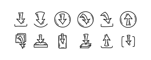 Download and upload file doodle icons set. Hand drawn sketch interface buttons. Cloud data server technology. Digital storage arrow pictogram
