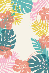 Summer background with tropical leaves and flowers with overlay effect. Abstract cover for web banner, social media banner, postcard, invitation. Summer vacation concept.Beach theme. Vector