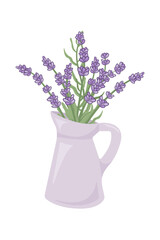 Hand painted bouquet of blooming lavender in purple jug.Contemporary abstract painting. Template for social media and design cards, invitations, covers. Vector illustration