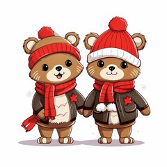 Two teddy bears wearing red hats and scarves are holding hands