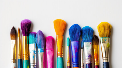 A vibrant array of paintbrushes with colorful bristles and paint splatters, neatly aligned against a white background.