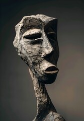 Weathered Clay Sculpture with Exaggerated Tribal Features Organic Lines and a Contemplative Expression