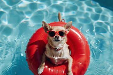 chihuahua in a pool red inflatable tube 