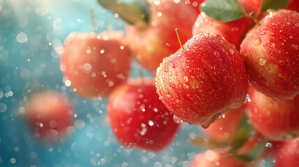 A branch of ripe red apples covered in water droplets against a pale blue background.