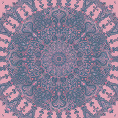 Beautiful Mandala Ornament Design in blue and grey with pink background