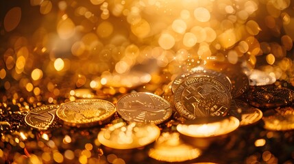 Gold coins, gold background, a pile of golden coins falling from top to bottom, gold light spots on the right side