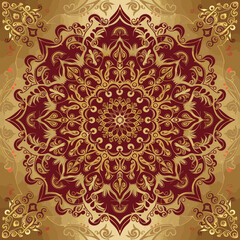 Beautiful Mandala Ornament Design in burgundy and crimson with gold background