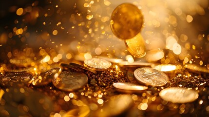 Gold coins, gold background, a pile of golden coins falling from top to bottom, gold light spots on the right side