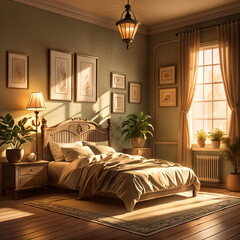 A beautifully decorated bedroom with a large bed, framed pictures on the wall, and potted plants. The room is bathed in sunlight streaming through a window, creating a warm and inviting atmosphere.