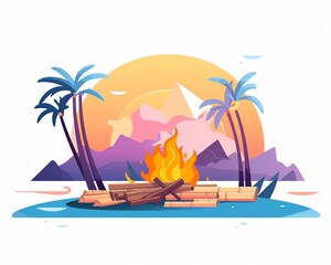 Obraz premium A fire is burning in front of a mountain range and palm trees