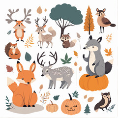 a picture of a forest scene with animals and pumpkins