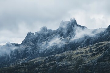 Explore the rugged terrain of a mountain range shrouded in mist and mystery, with jagged peaks disappearing into the clouds and hidden, Generative AI