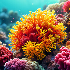 A vibrant underwater scene with various types of coral and sea creatures, including a large yellow coral surrounded by smaller pink and red corals.