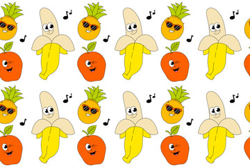 Naklejka premium Summer Fruits. Retro groovy seamless pattern. Comic characters banana, apple, pineapple. Vector illustration.