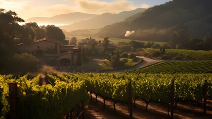 panoramic view of a vineyard in the countryside at sunset