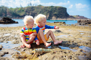 Child snorkeling. Kids underwater. Beach and sea.