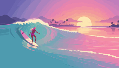 a painting of a woman on a surfboard riding a wave