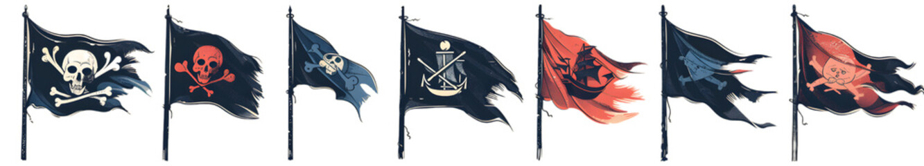 Set of various pirate flags designs isolated on a transparent background - Powered by Adobe