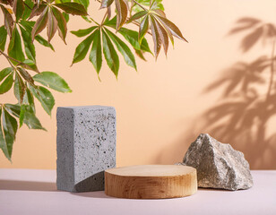 Concrete and Wooden Product Display Podium: A concrete pedestal and wooden pedestal with a minimalist and natural shadow.
