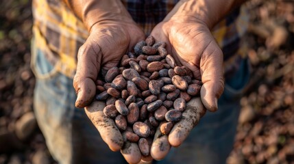 Cocoa beans in the hands of a farmer