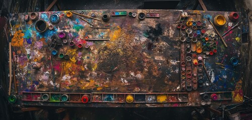A panoramic shot of an artist's workbench, speckled with years of paint stains, the myriad of colors blending into a beautiful, chaotic tapestry of creativity on a dark background. 