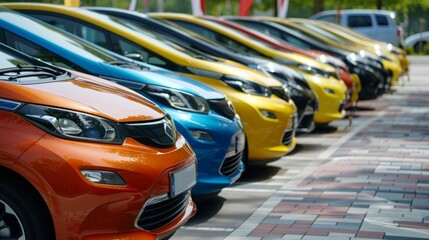 A row of colorful cars are parked in a lot.
