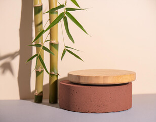 Concrete and Wooden Product Display Podium: A concrete pedestal and wooden pedestal with a minimalist and natural shadow with bamboo decoration