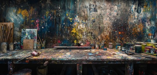 A panoramic shot of an artist's workbench, speckled with years of paint stains, the myriad of...
