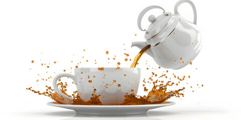 a cup of tea, sweets and a teapot on a white background.
