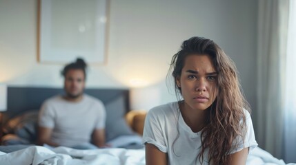 Frustrated young woman sitting on the edge of the bed, her partner in the background, depicting tension and unhappiness in their intimacy