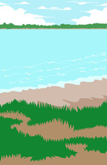 lakeside view with blue sky and clouds for story books